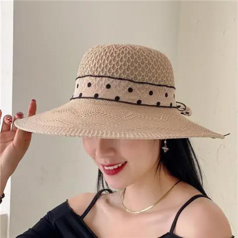WTEMPO Women Spring Summer Casual Wide Brim Hats with Dot Ribbon Ladies Vacation Beach Sunscreen Hats