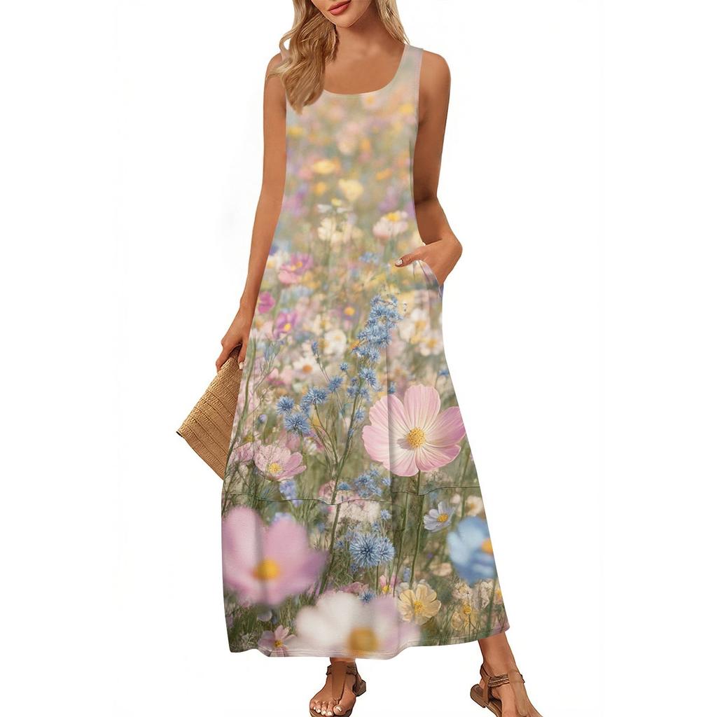 Women's Casual Floor-length Sundress Summer Beach Dress Round Neck Sleeveless Loose  Print Sundress