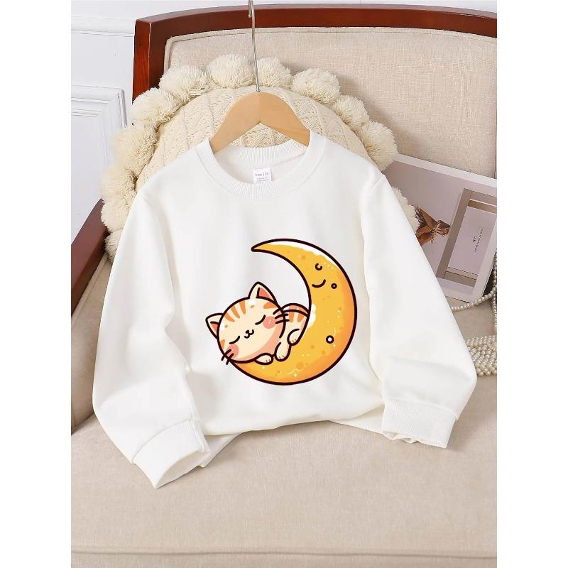 Crewneck Sweatshirt for Girls Featuring an Adorable Cat On a Moon In a Night Sky. It'S Machine Washable, Suitable for Spring And Autumn