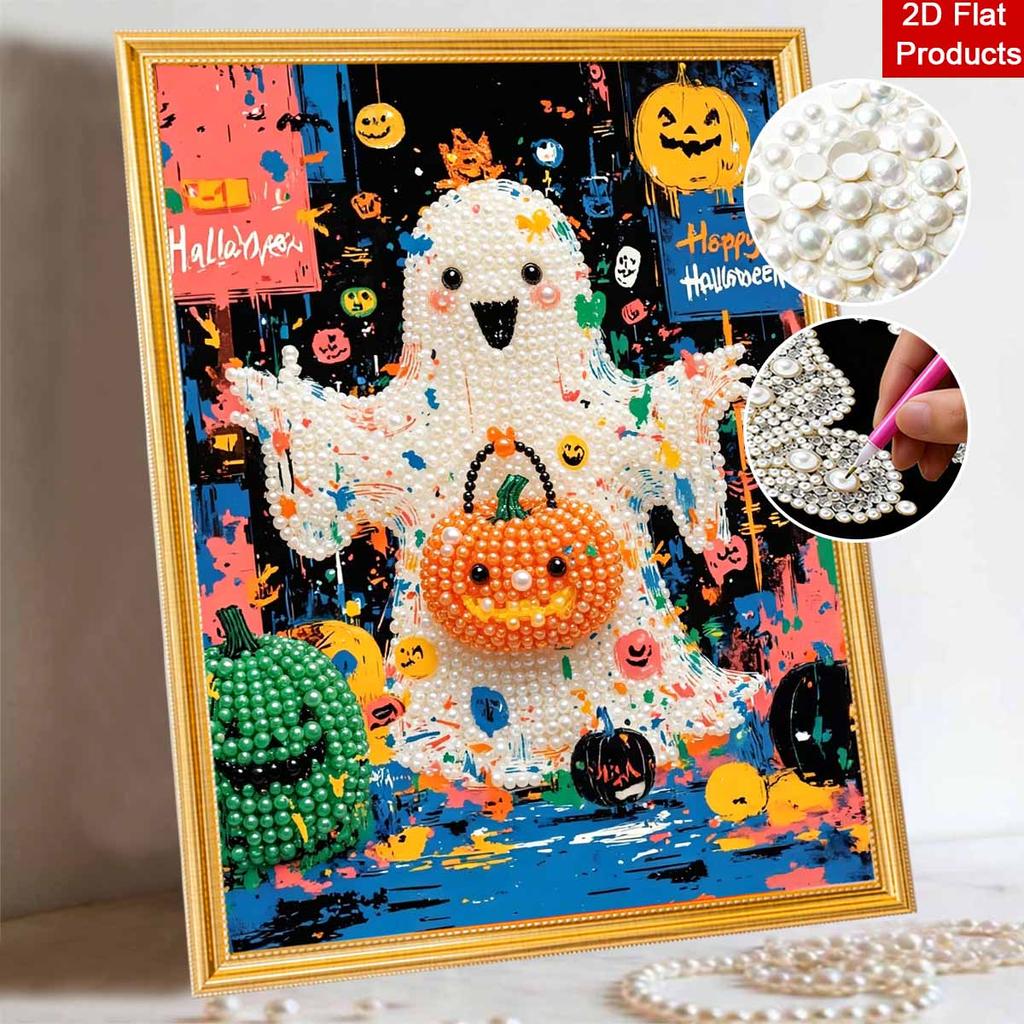 Halloween Pearl Painting Set Cute Ghost Pumpkin 5D DIY Pearl Art Home Bedroom Wall Decor Craft Handmade Gift Art Supplies Hobby Kit