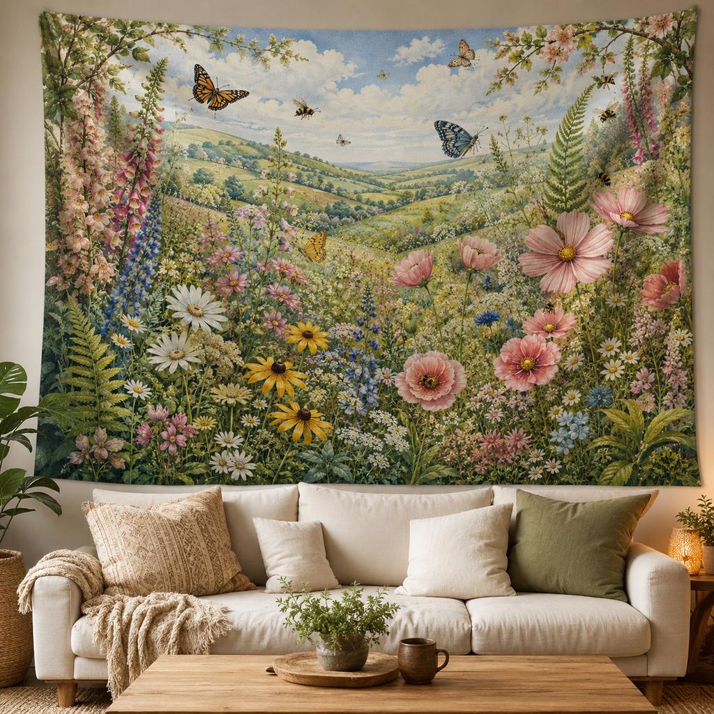 Cottagecore Floral Forest Tapestry Wall Hanging Fairy Garden Botanical Landscape Fabric Wall Tapestries Aesthetic Room Decor