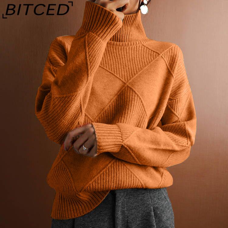 BITCED Oversized Crewneck Knit Sweater for Workwear Solid Color High Neck Diamond Pattern Fashion Sweater for Women