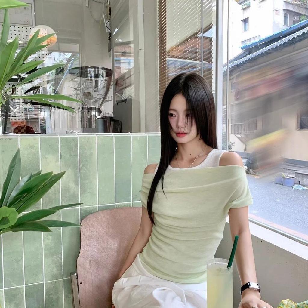 Off-the-shoulder T-shirt women's summer one-word shoulder splicing fake two pieces commuting small fresh short-sleeved top small fresh