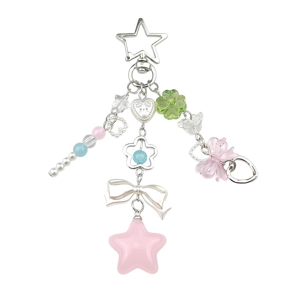 Sweet Pastel Bag Charm Hollow Star Clasp Pink Blue Beads Bow Transparent Star Cherry Blossom Pendant Cute Girl Handbag Decor