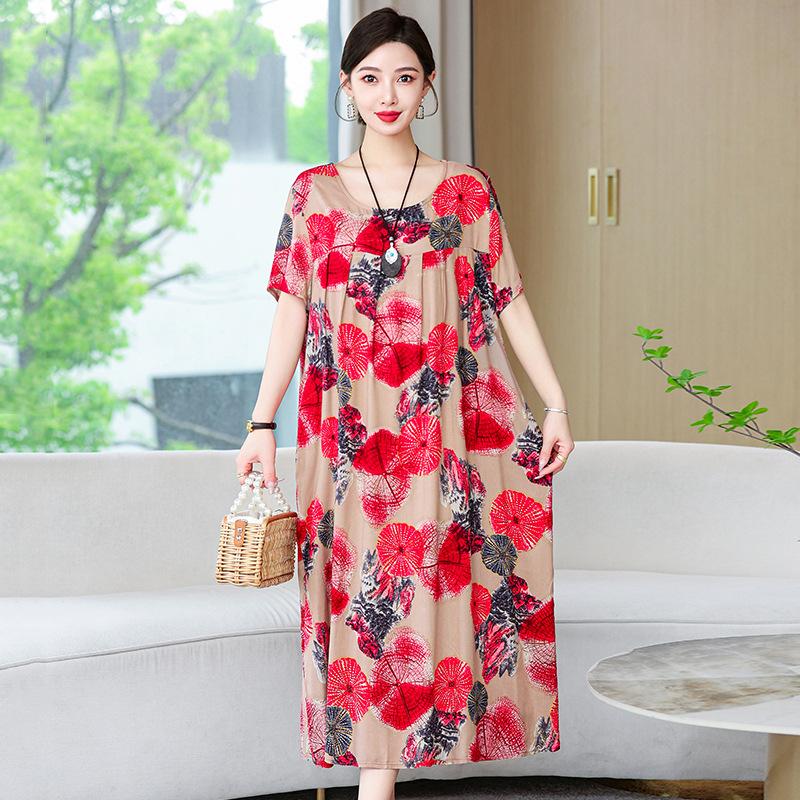 Cotton Silk Dress Women's Summer Large Size Temperament Loose Printing Casual Cotton and Linen Long Skirt