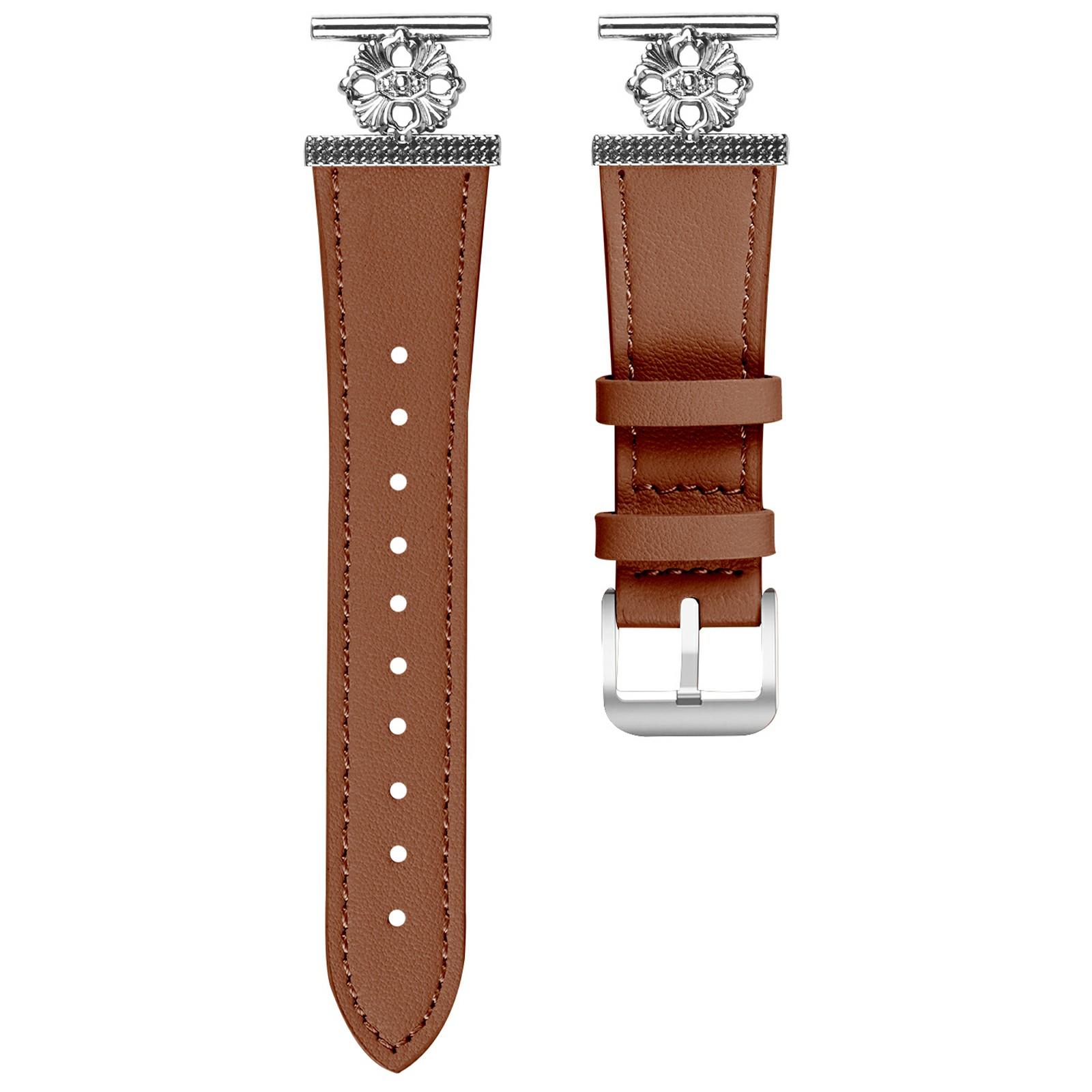 

For Huami Amazfit Pop Pro Watch Band Genuine Cow Leather Flower Decor Adjustable Strap Brown