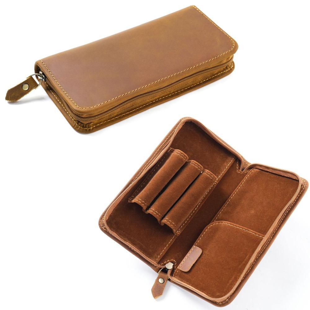 

3 Slots Cowhide Pen Bag Zipper Closure Pen Holder Organizer Creative Pen Pouch School Supplies коричневый