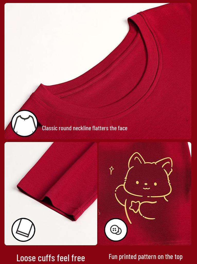 Wine Red Pure Cotton Long Sleeve Pajama Set for Newlywed Couples - Spring & Autumn Festive Homewear