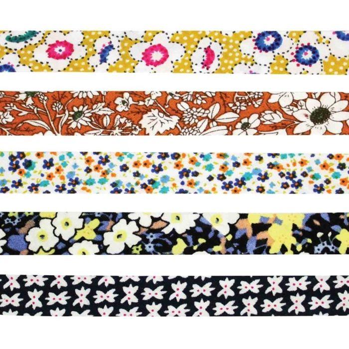 Biais coton 1 cm x 1 m Fleurs bleu jaune 5 pièces