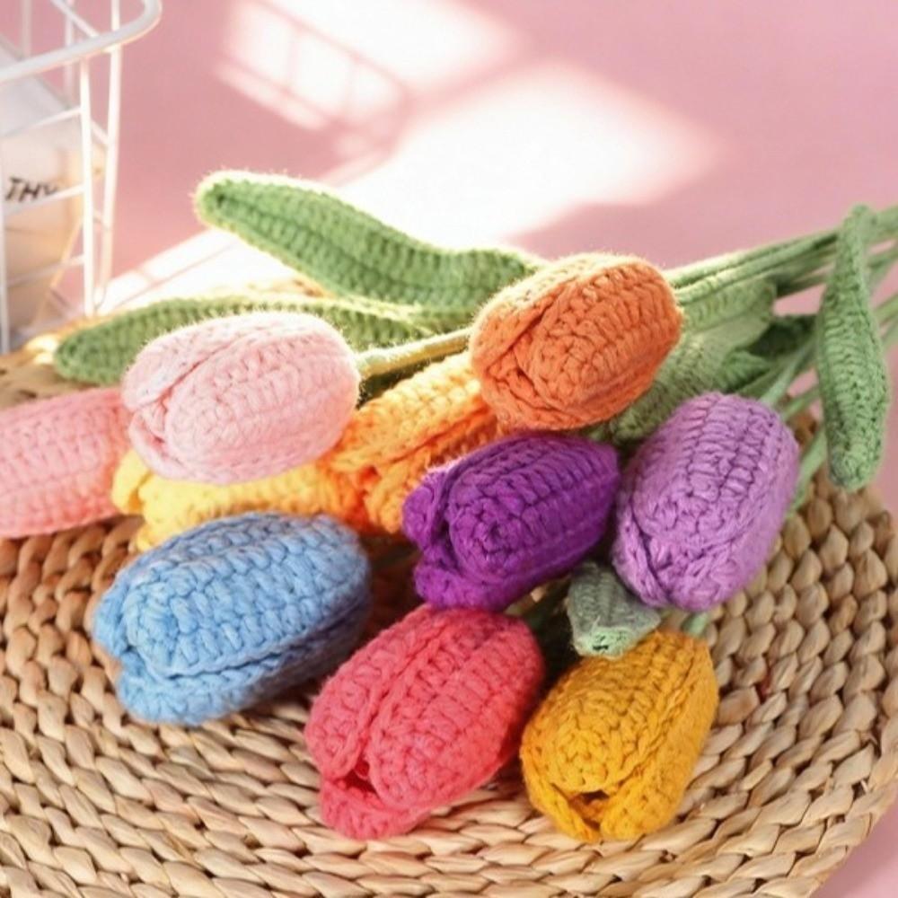 Crochet Flowers Knitted Tulips Flower Creative Finished Fake Flower Plants  Desktop Ornament