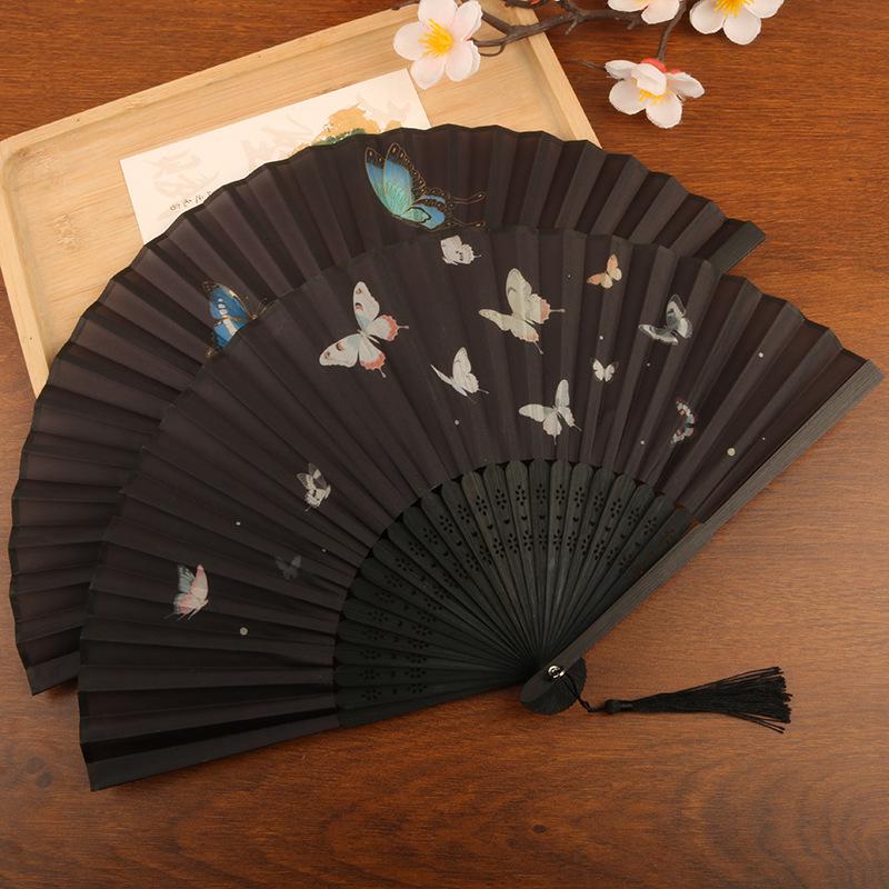 Chinese Style Bamboo Folding Fan Butterfly Pattern Hand Fan With Tassel For Wedding Dance Party Home Decor