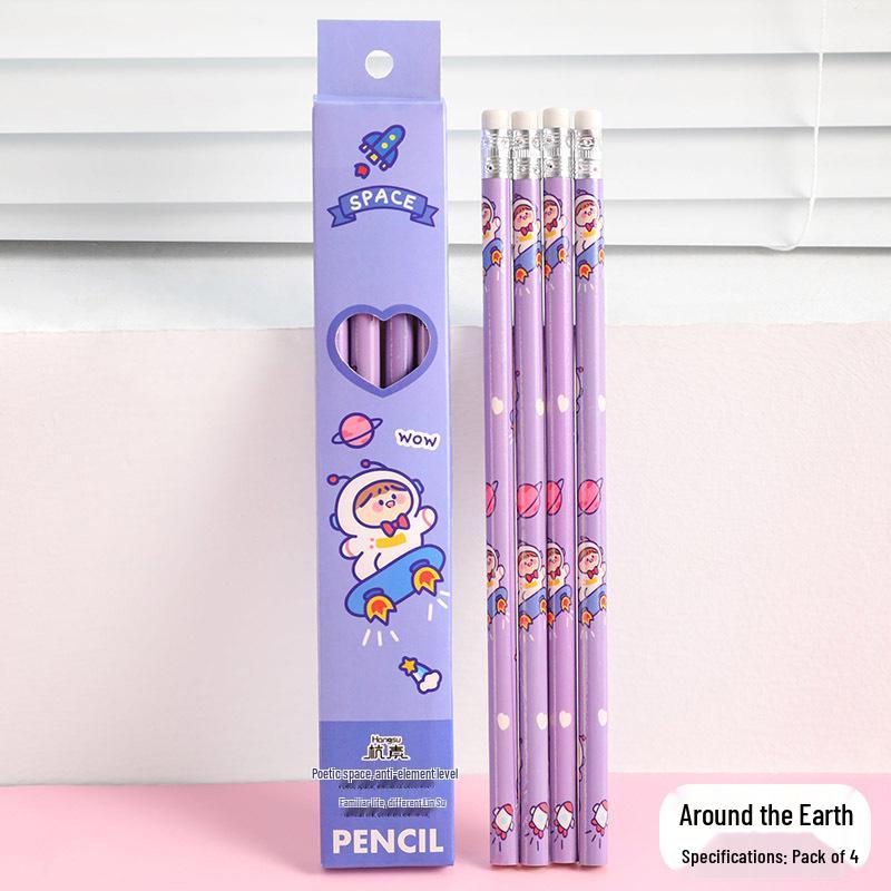 

Набор мультяшных карандашей «Астронавт» с ластиками - 4 предмета, детские канцелярские товары для рисования и письма HB