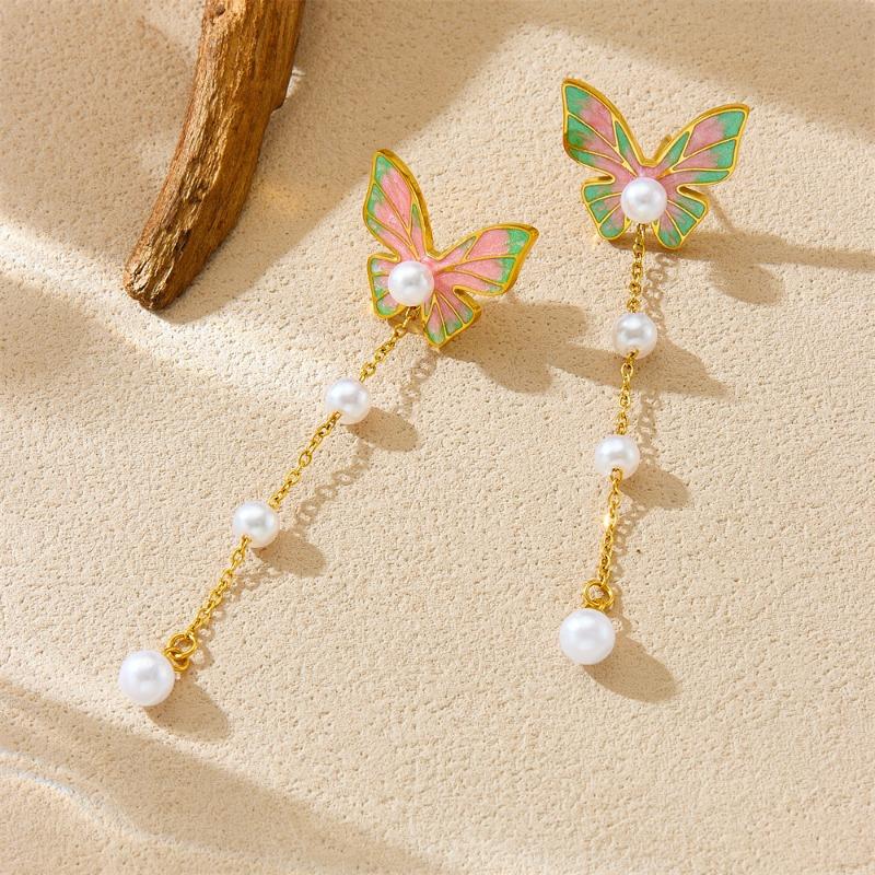 Gold Enamel Butterfly Pearl Drop Earrings