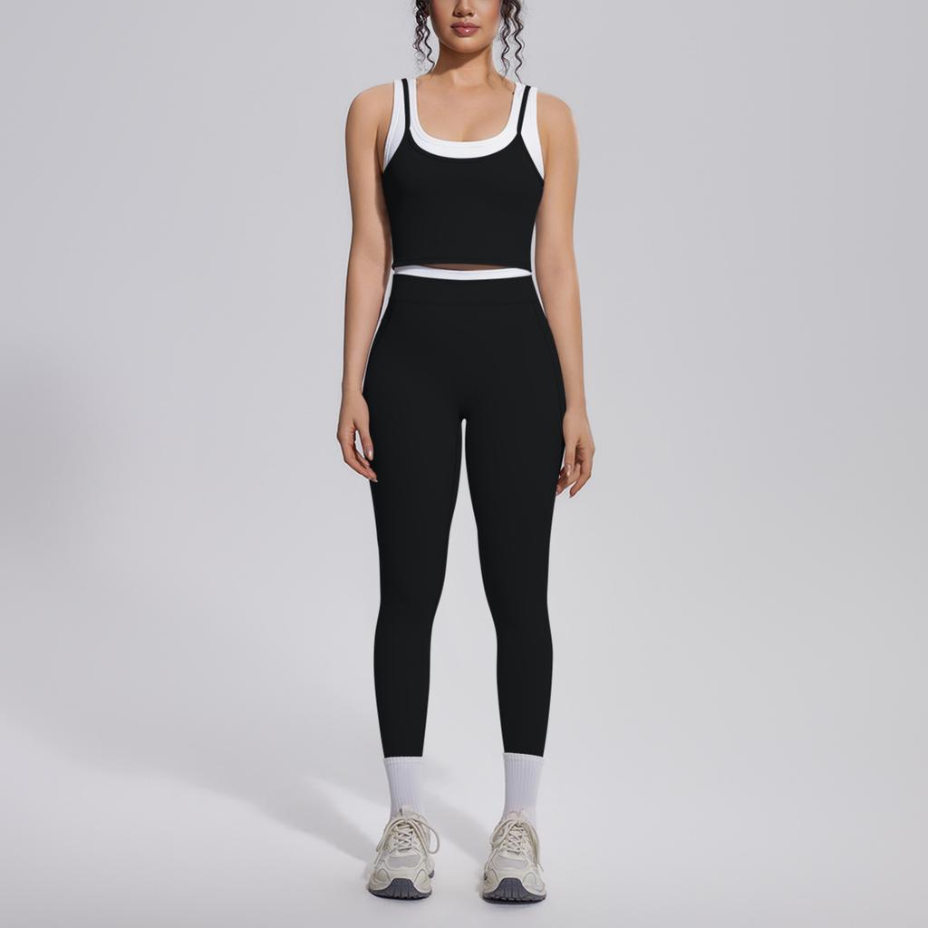 Contrast Color Threaded Vest Tight-fitting High-elastic Breathable Yoga Clothing Set Sports Running Fitness Two-piece Set