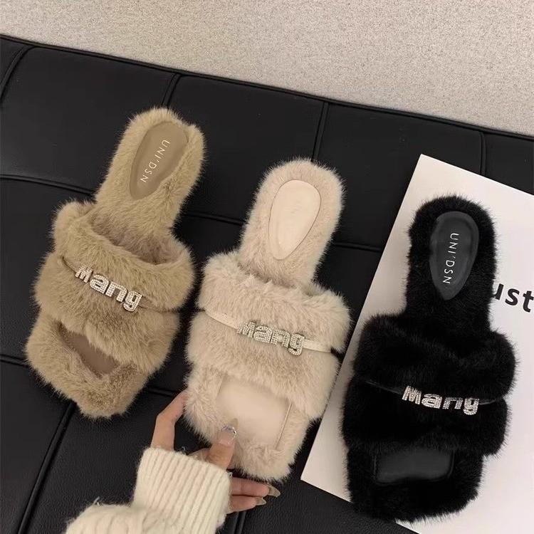 Mao Mao slippers women's autumn and winter wear 2025 new French temperament rhinestone Mao Mao shoes thick heel high heels