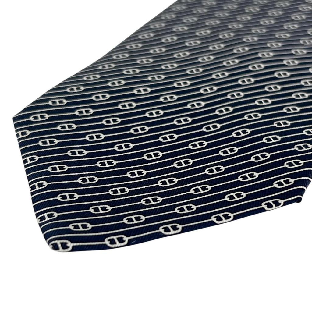 Pristine HERMES tie Chaine Pattern Navy silk mens 5500 UA Used