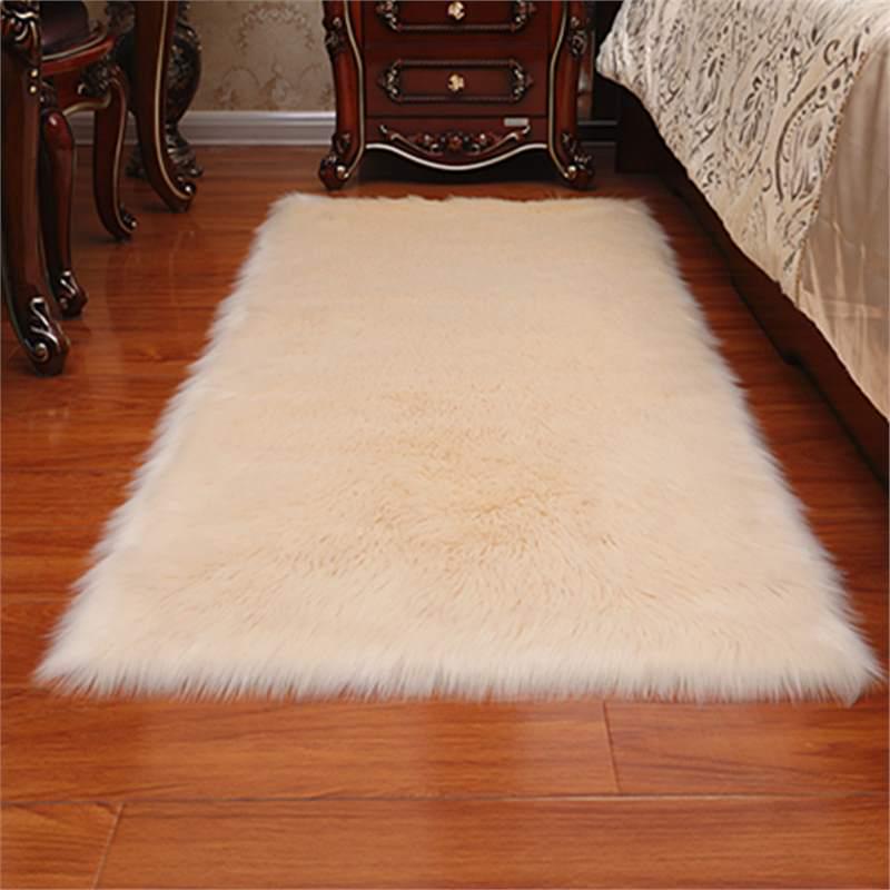 Large Rectangular White Plush Long-Pile Carpet for Living Room or Bedroom