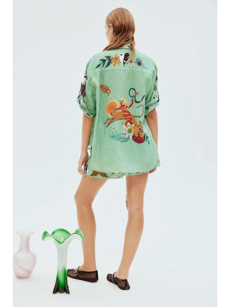 2023 New Casual European & American Two-Piece Set: Cotton & Linen Print Shirt + Shorts