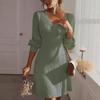 Elegant French V-neck A-line Textured Autumn Dress - Women's Long Sleeve Solid Color