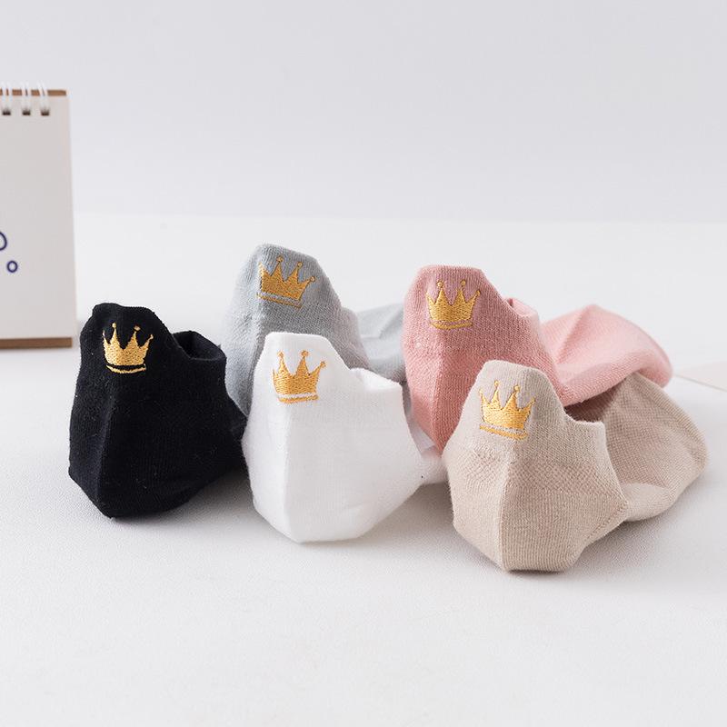 Short Summer Thin Cartoon Embroidered Crown Breathable Cotton Socks, Trendy Spring and Autumn Women's Socks
