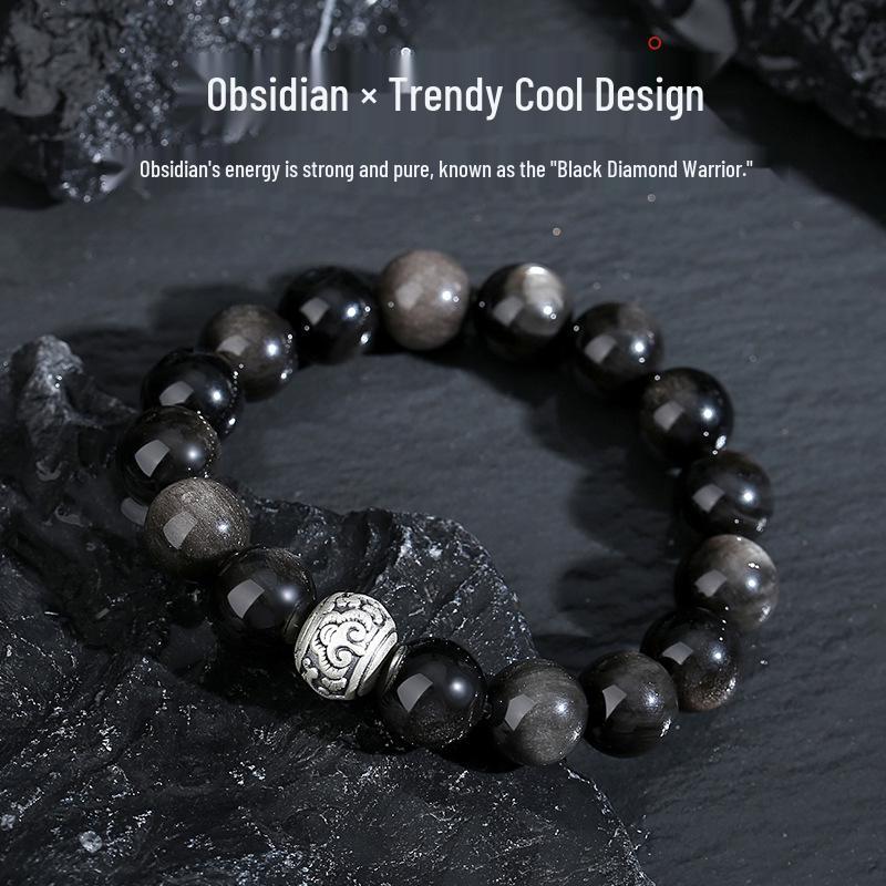 Tichia Men s Luxury Obsidian and 999 Sterling Silver Bracelet Pure Silver