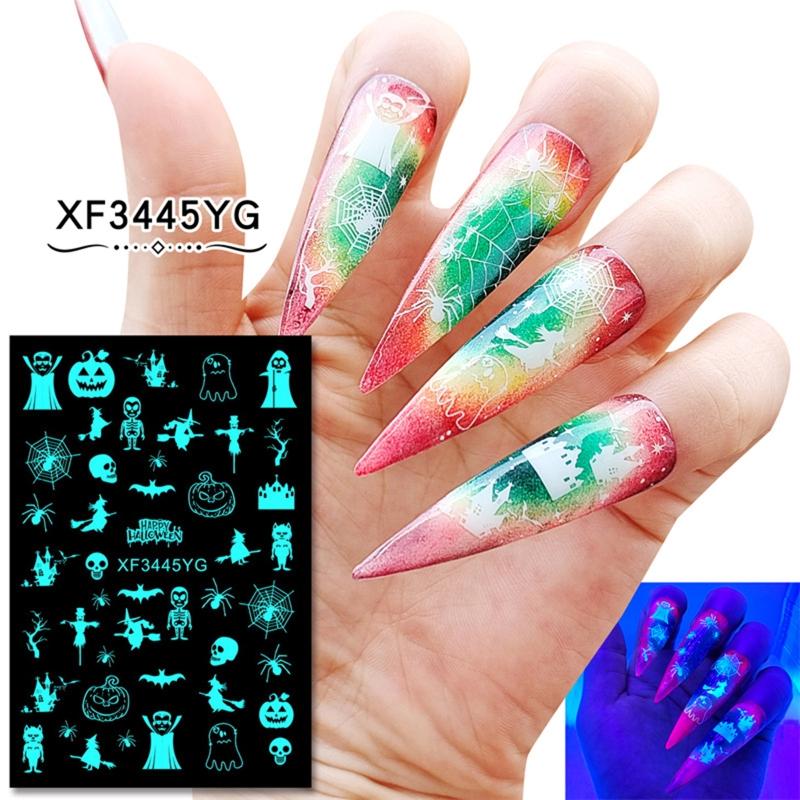 12sheet Luminous Halloween Nail sticker Fluorescent Stickers Glow In The Dark Self Adhesive Halloween Nail Art Stickers