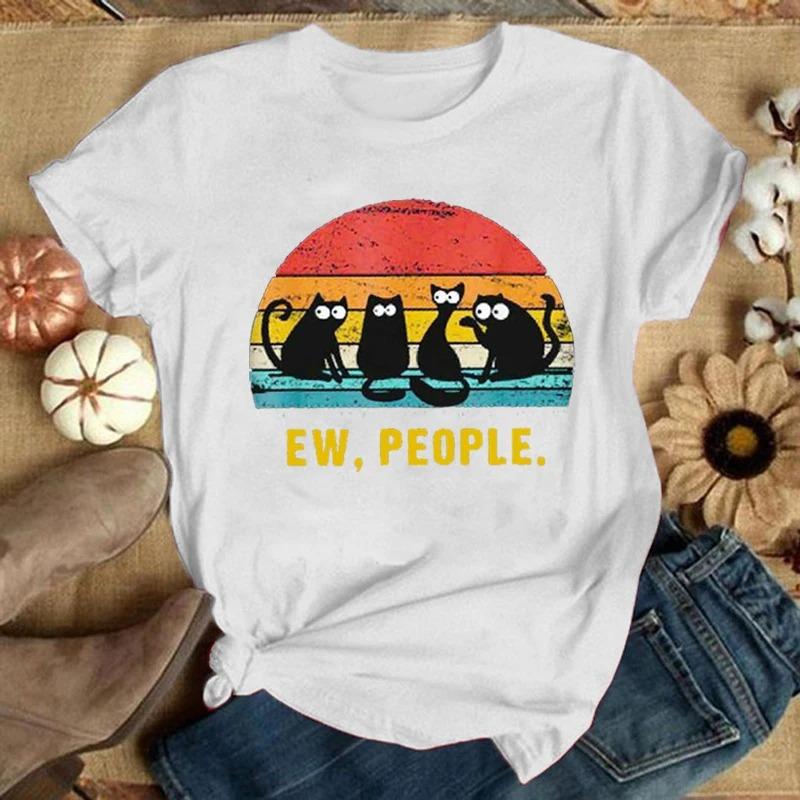 Cute Cat Print Short Sleeve T Shirts Women T Shirts Summer Short Sleeved Unisex Tshirts Comfy Soft Shirts Loose Tops S