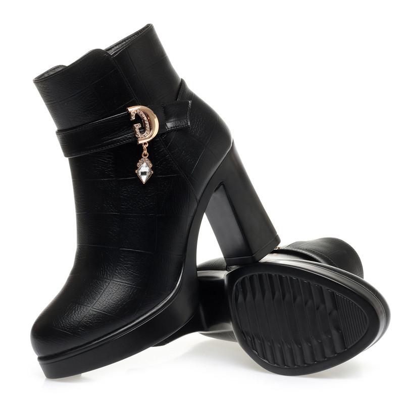 Autumn Winter Platform Women Ankle Boots Fashion Women High Heel Shoes Genuine Leather Thick Plush Warm Women's Snow Boots