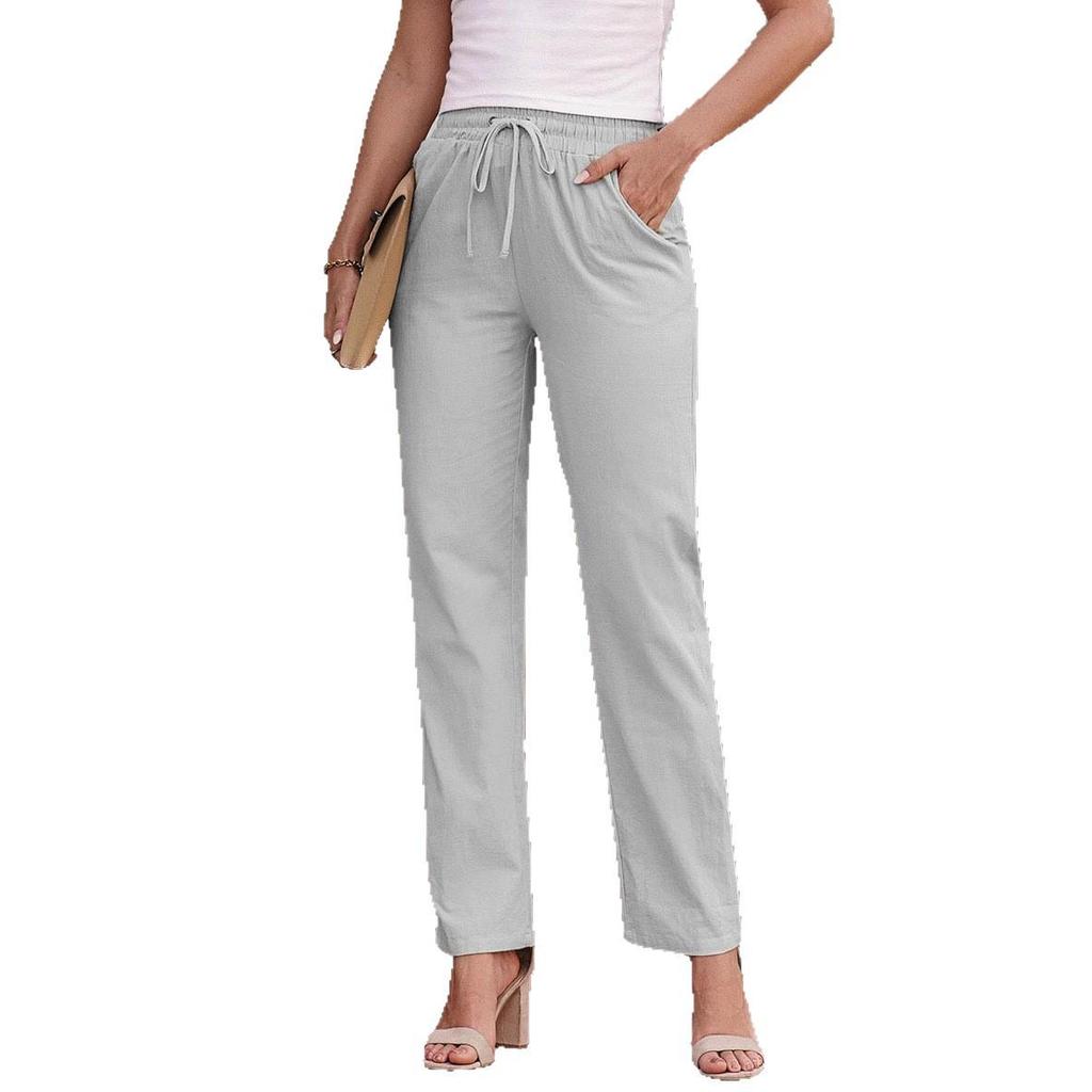 Herbst Damen Baumwoll-Leinen Kordelzug Weitbein Hose