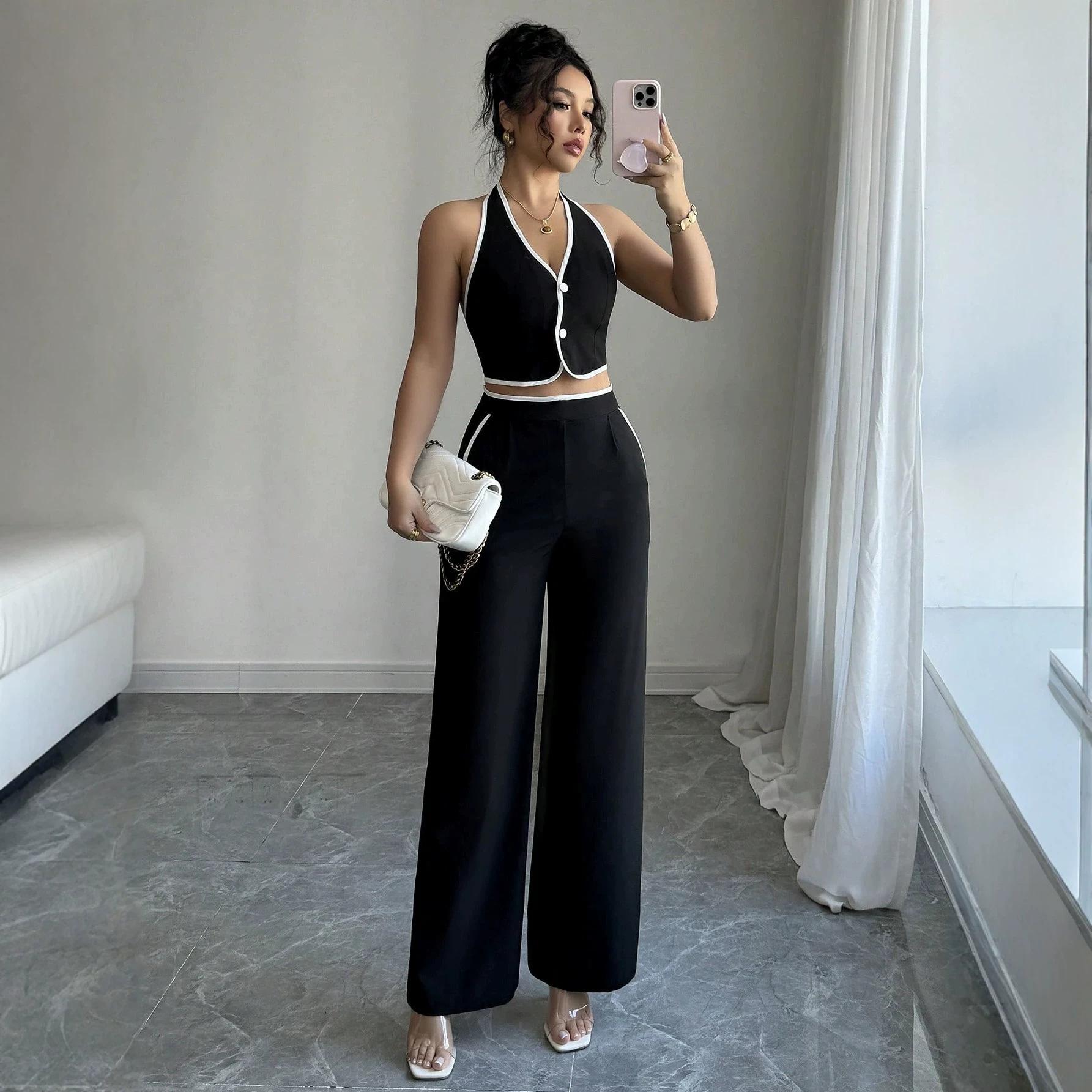 women s Black White Trim Halter Backless Crop Top and Wide Leg Pants 2 Piece Set S чёрный