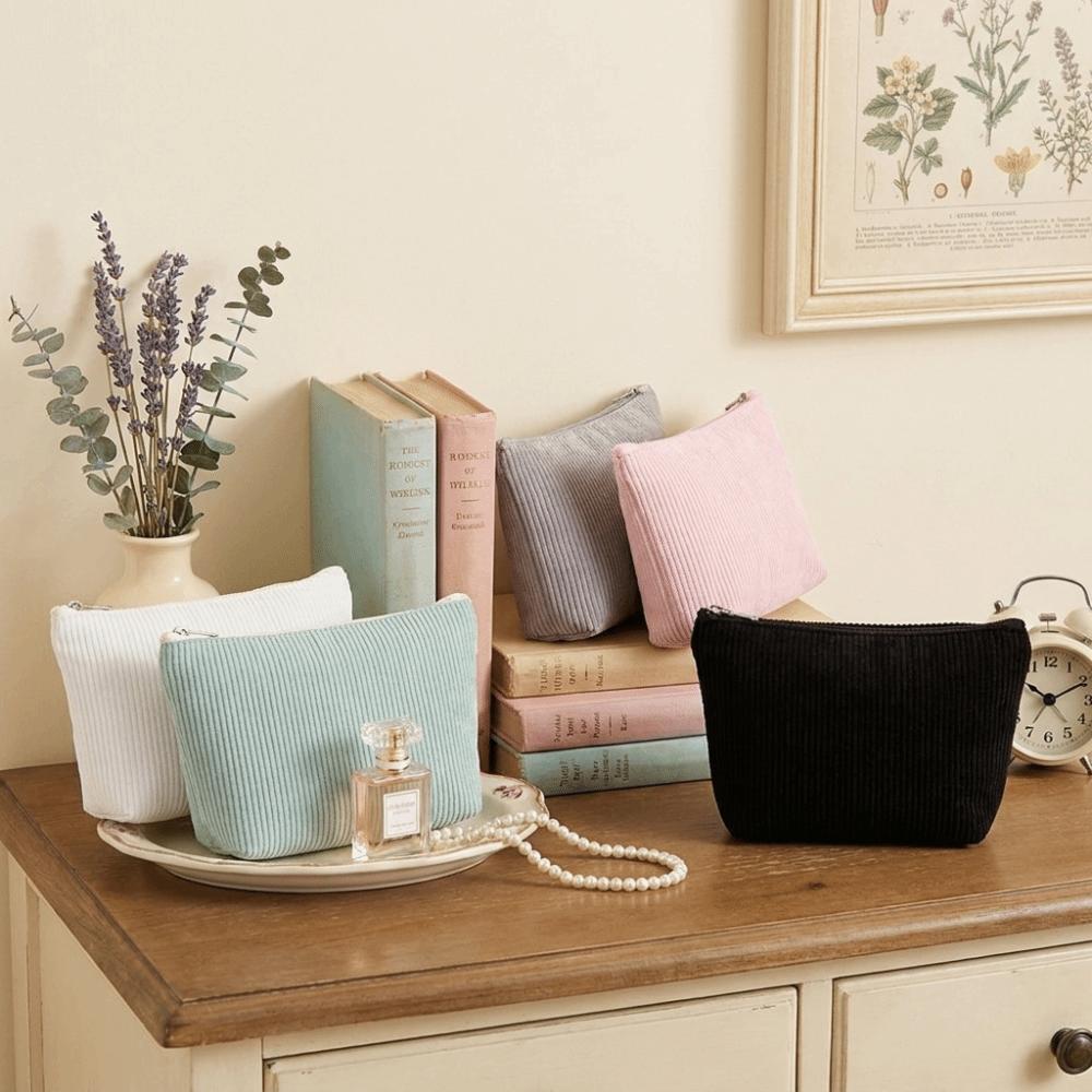 Durable Corduroy Cosmetic Organizer Pouch Portable Zipper Toiletry Bag Storage Bag Travel Use