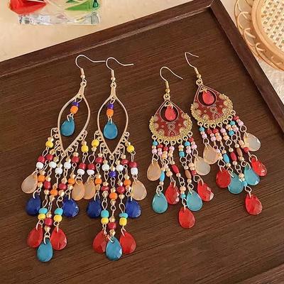 Ethnic Crystal Long Tassel Earrings
