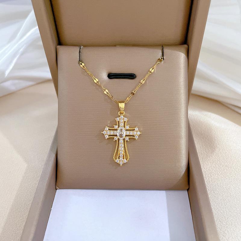 Cross Light Luxury Temperament Gorgeous Full Diamond Necklace Female Versatile Collarbone Chain Titanium Steel Chain