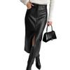 Autumn Winter Vintage Fleece-Lined PU Leather Skirt with Slit Design Women's Half Skirt