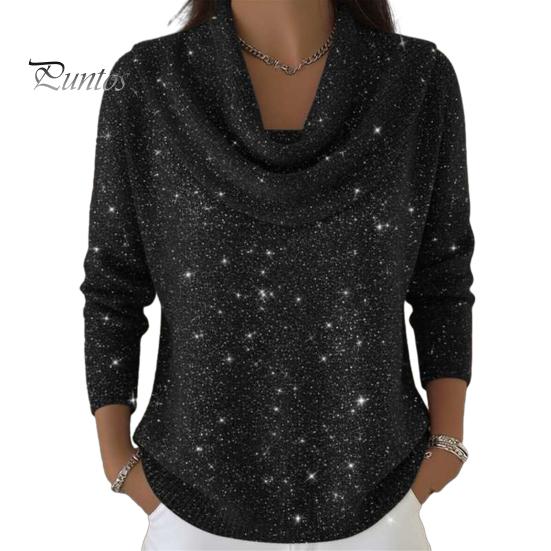 Stretchy Casual Shirt Women Tops Swing Collar Long Sleeve Shiny Rhinestones Pullover Loose Fit Solid Color Flash Design Blouse Daily Wear Soft