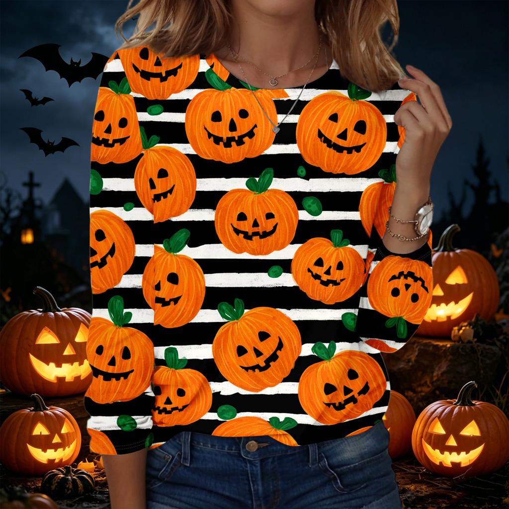 Women's Halloween Print Crew Neck Long Sleeve Pullover Sweatshirt Casual Fit Lightweight Top for Seasonal Wear