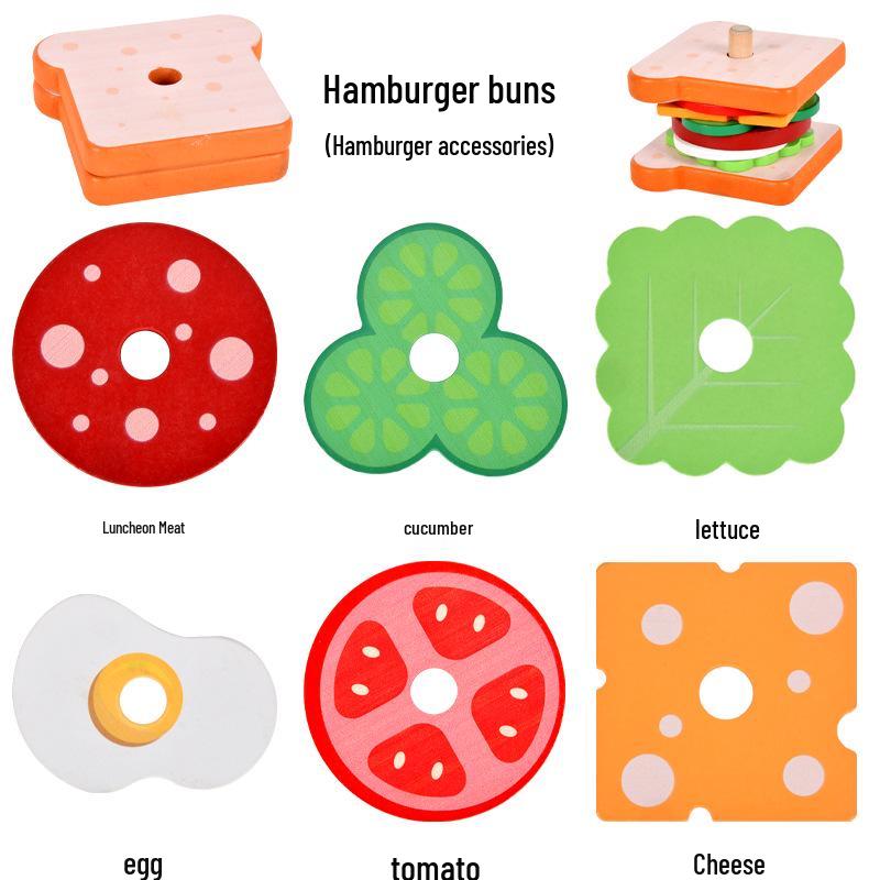 Wooden Play Food Set: Burger, Fries, Sandwich Toy for Pretend Kitchen Fun