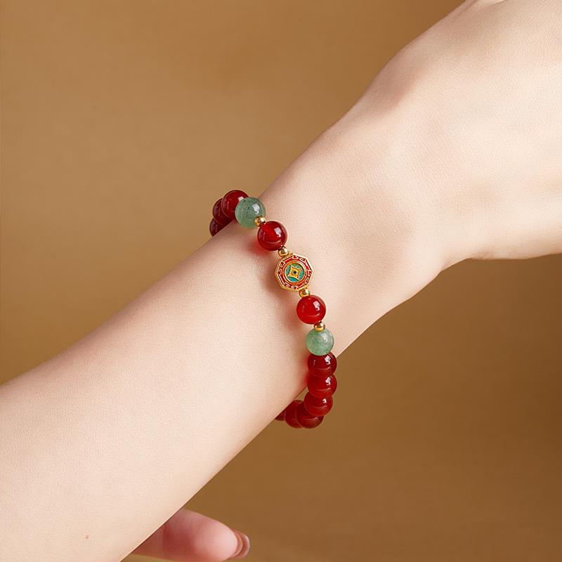 Red Agate & Green Strawberry Crystal Beaded Bracelet with S925 Sterling Silver and Enamel, Vintage Women's High-End Jewelry.