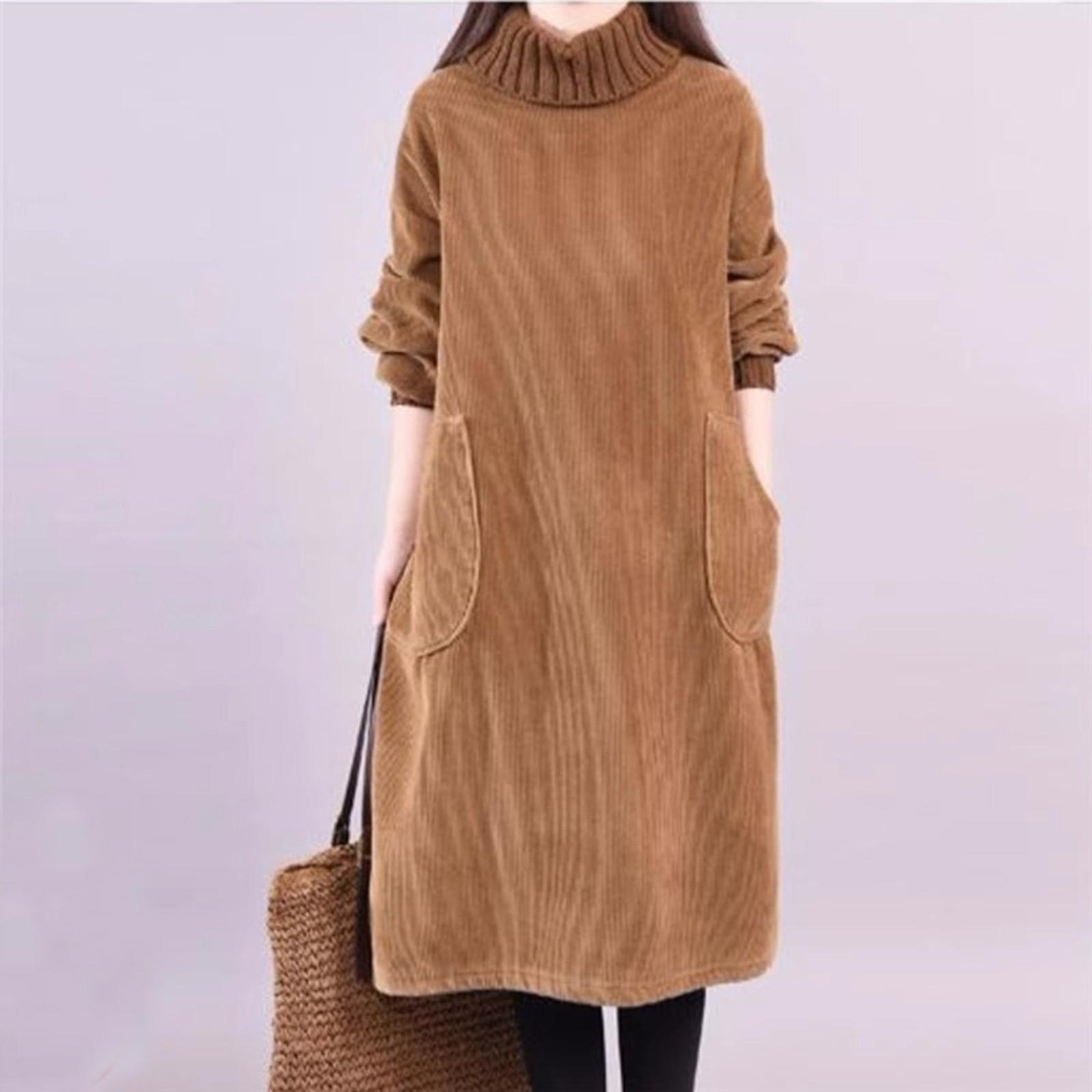 

Женское вельветовое утепленное платье с воротником и карманами XL светло-коричневого