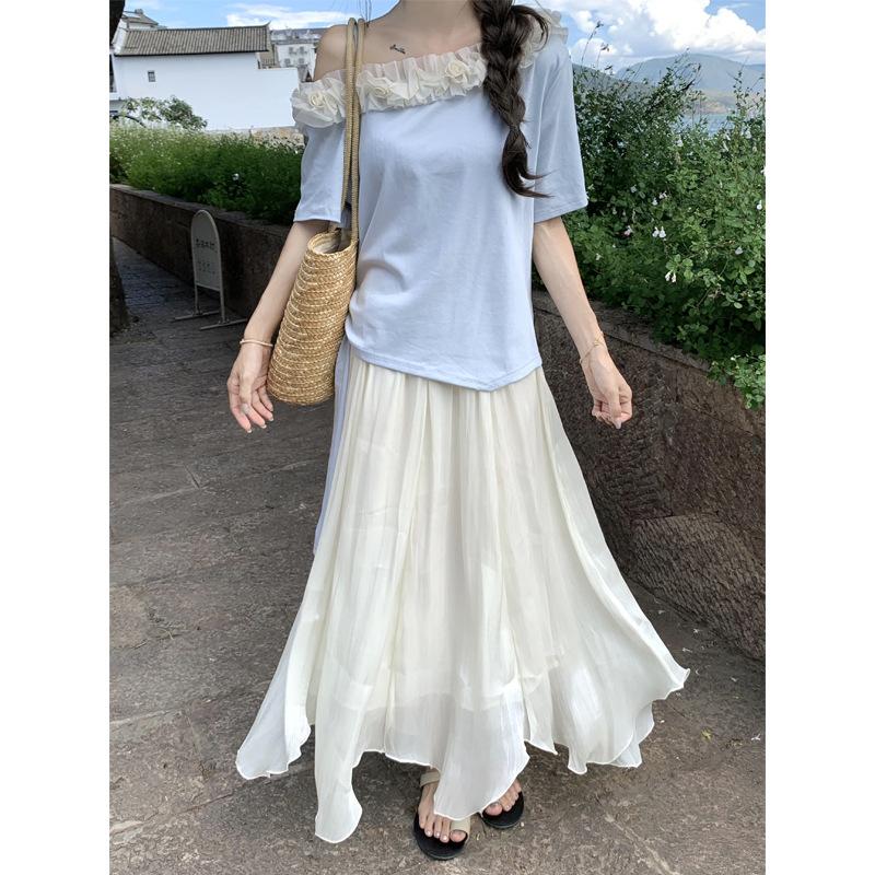 

Summer super beautiful gentle skirt irregular hem elastic waist skirt L