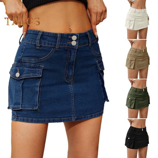 Mini fustă de blugi pentru femei Fusta cargo cu talie joasă cu buzunar, culoare solidă, cu buton, fermoar, fustă scurtă, îmbrăcăminte de stradă