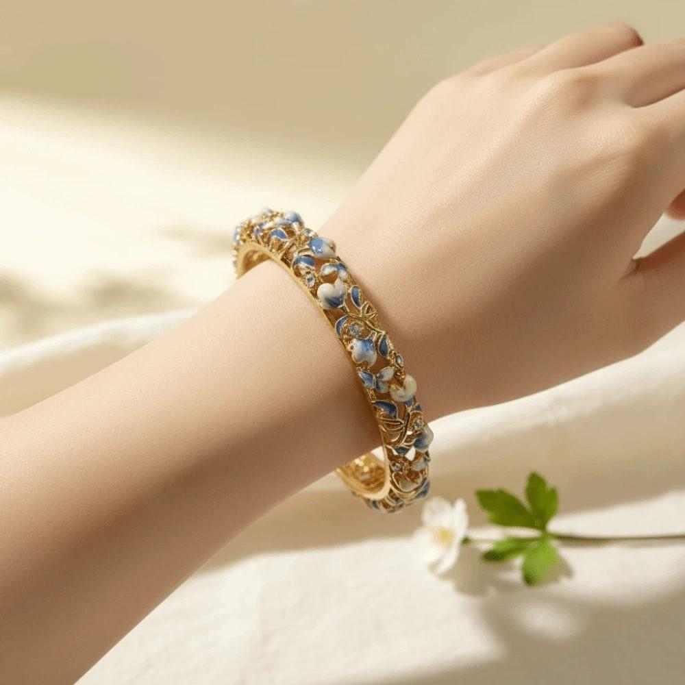 Hollowed Floral Chinese Flower Bangle Enamel Women's Hand Bracelet Gifts for Women Girl
