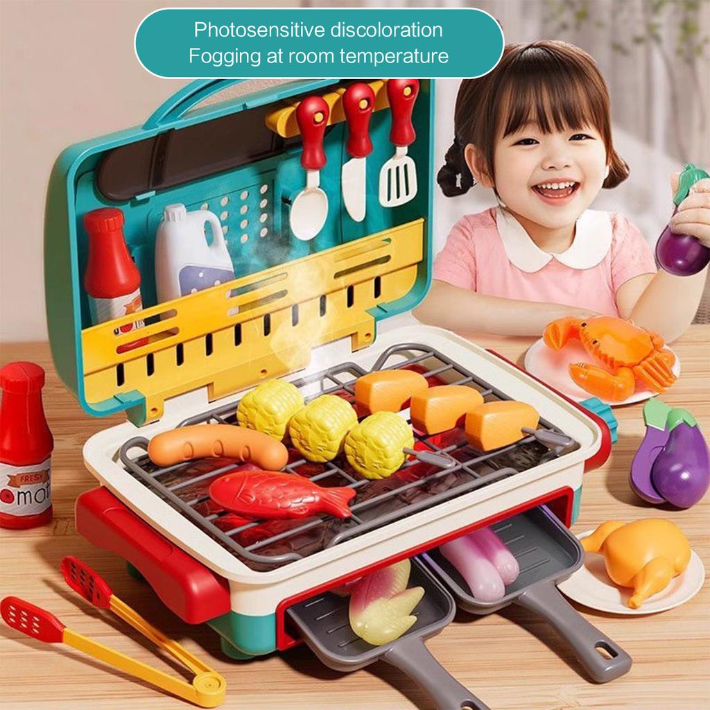 Electric Simulation BBQ Grill Toy With Spray Light Music Color Changing Food Pretend Play Kitchen Set For Kids Role Play