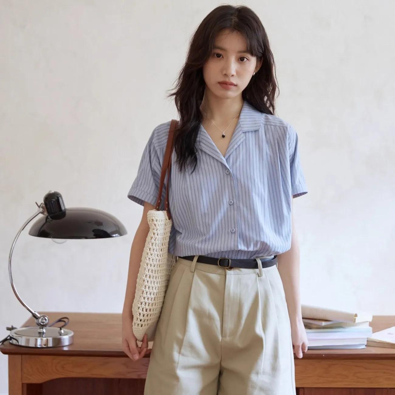 Women s French Striped Shirt - Notch Lapel Short Sleeve Loose Fit Top 2025 Summer Collection L синий