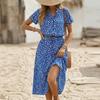 Women's Casual Shirt Dress with Stand Collar Button Down Front Elastic Waist Midi Length Short Sleeve Floral Print