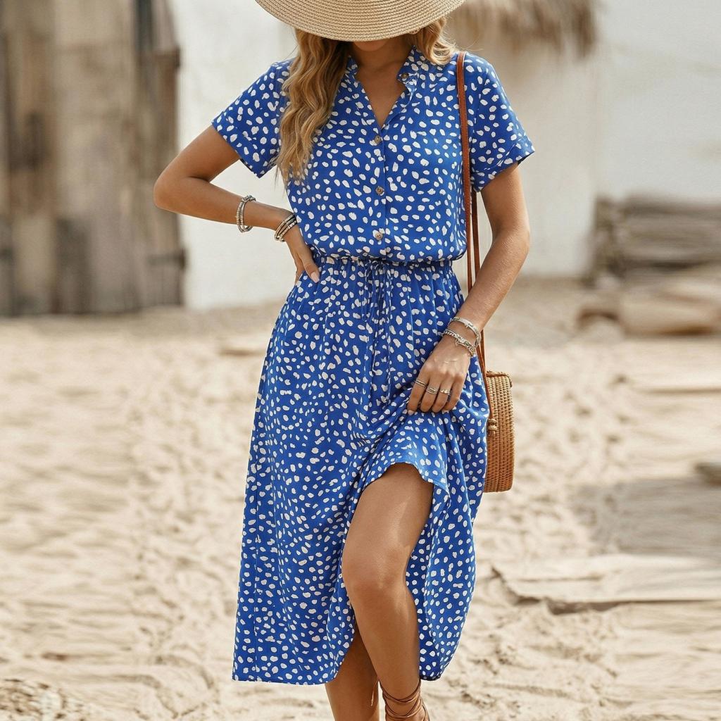 Women's Casual Shirt Dress with Stand Collar Button Down Front Elastic Waist Midi Length Short Sleeve Floral Print