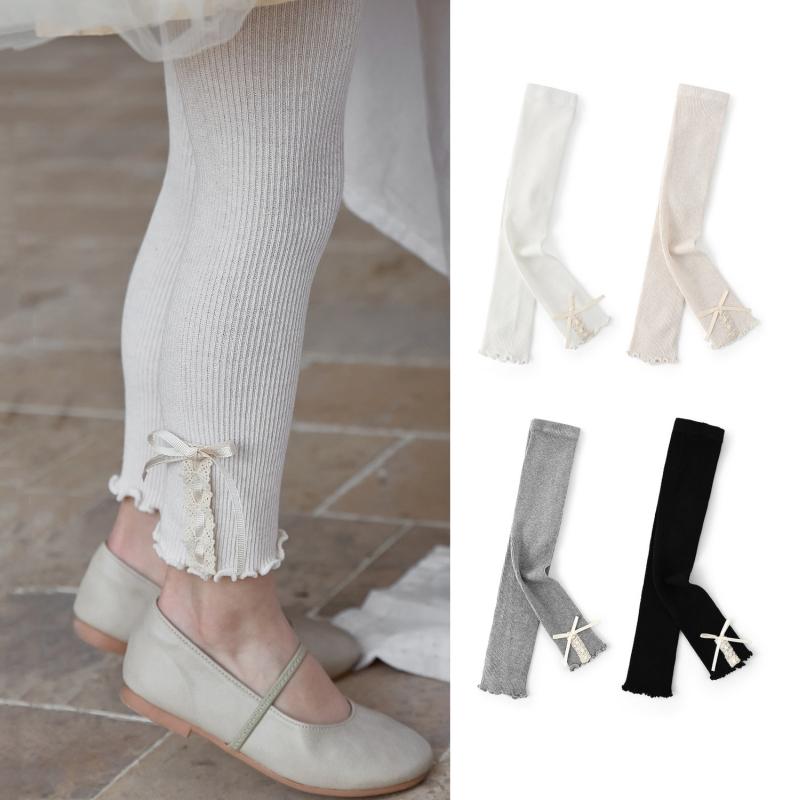 Spring Sweet Girls Tights Fine Stripe Design Ruffle Hem Ribbon Bow Leggings Comfortable Princess Kids Cropped Leggings