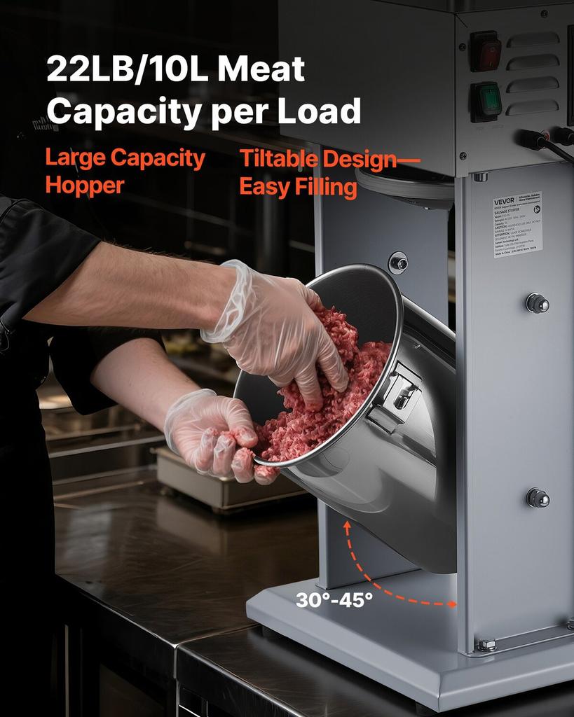 Elektrischer Wurstfüller, 10 kg / 22 lbs Vertikaler Fleischfüller mit stufenloser Geschwindigkeitsregelung, Edelstahl-Wurstfüllmaschine, Fußpedal & 4