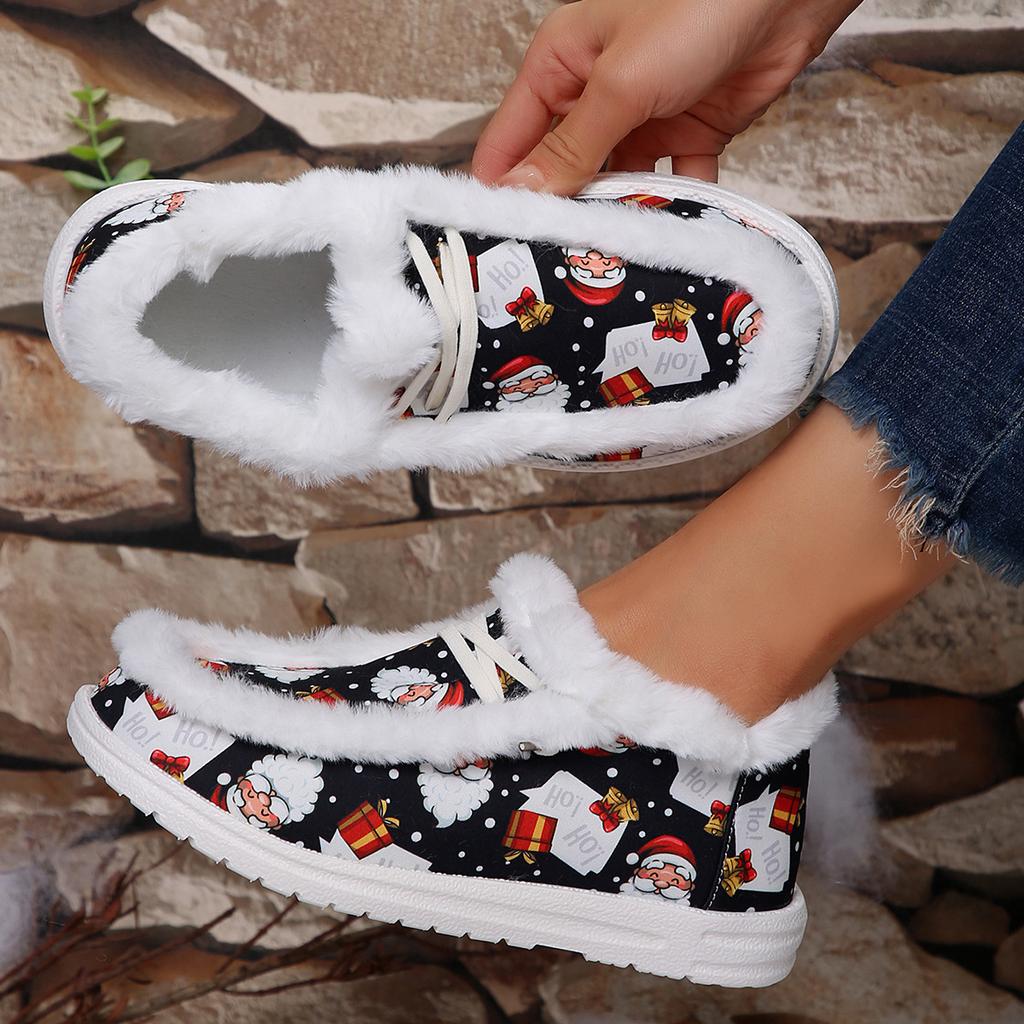 Plus Size Women's Shoes 2025 Autumn/winter New Casual Shoes Women's Christmas Print Fleece Warm Cotton Shoes