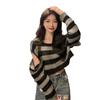 Contrasting Stripes Design Sense Niche Hollow Knitted Sweater Autumn New Women's Loose Short Ripped Sweater